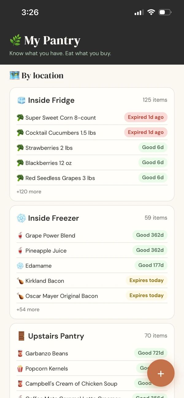 Screenshot of a pantry-tracking app dashboard built with AI
