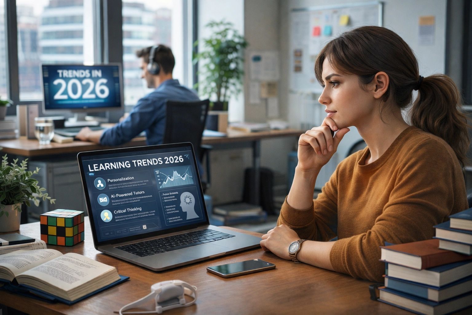 Illustration of a woman reviewing 2026 learning trends on her laptop