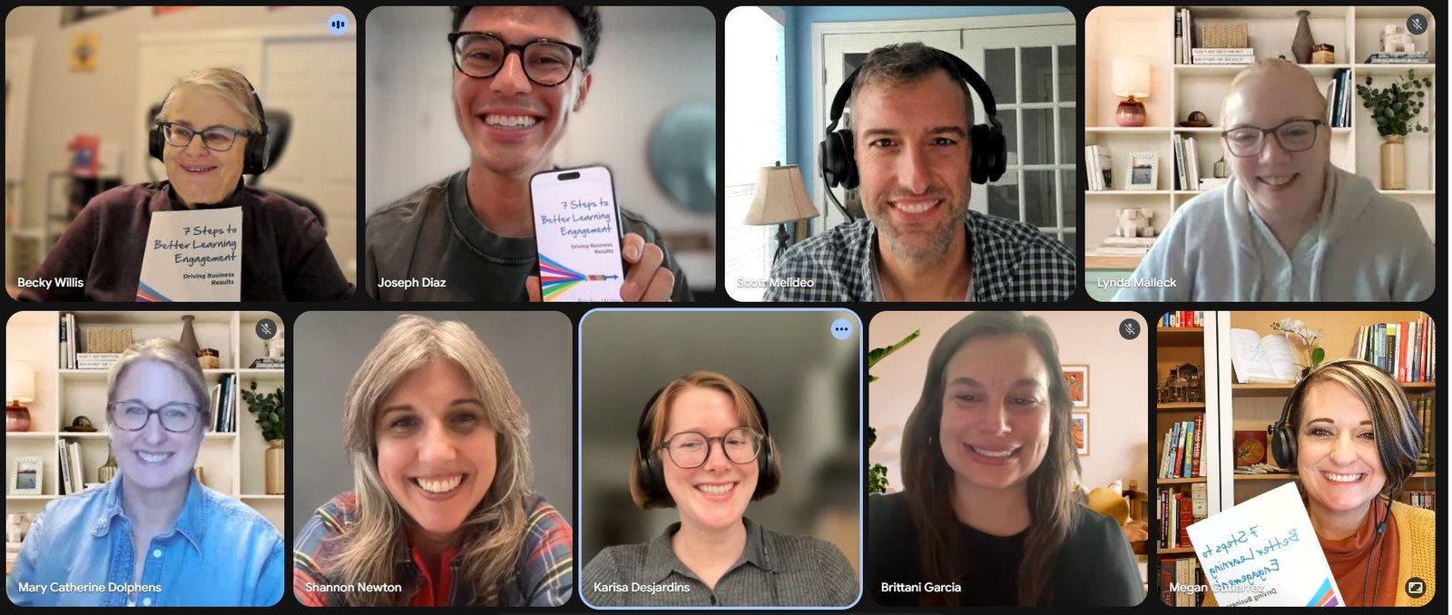 Video call with nine members of The L&D Collective book club, two of them holding up the book 7 Steps to Better Learning Engagement