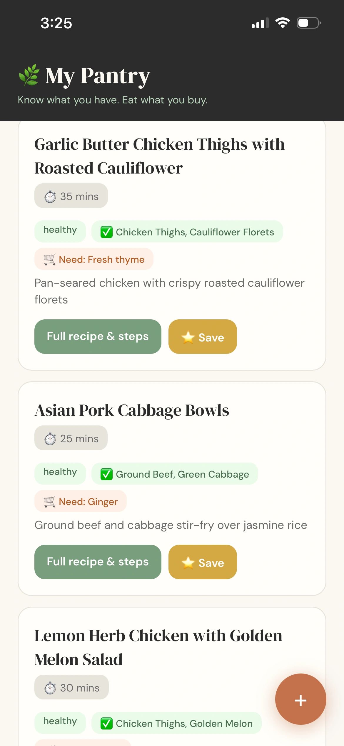 Screenshot of recipe suggestions in an AI-built pantry app
